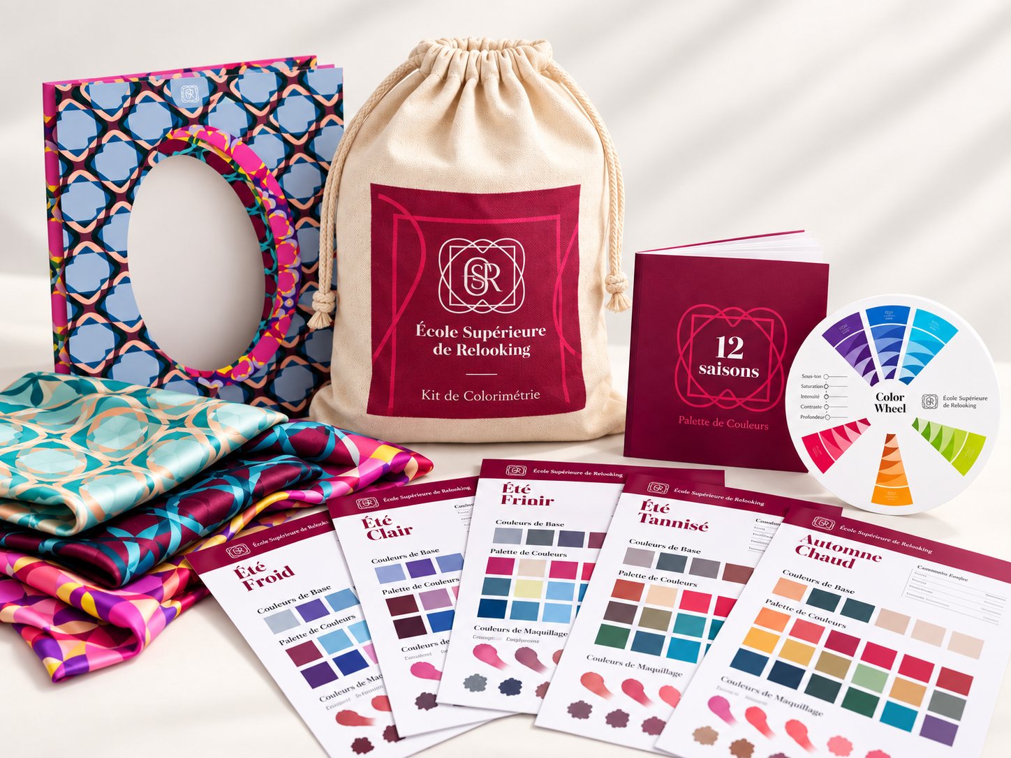 The ESR color analysis kit: carry bag, draping fabrics, 12 seasons palette book, color wheel and season cards